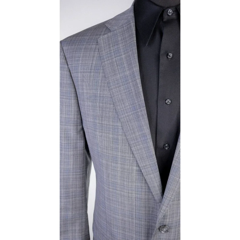 Calvin Klein 2-Pcs Plaid Gray Wool Suit Jacket Blazer 46R Pants 42X28 2-Button